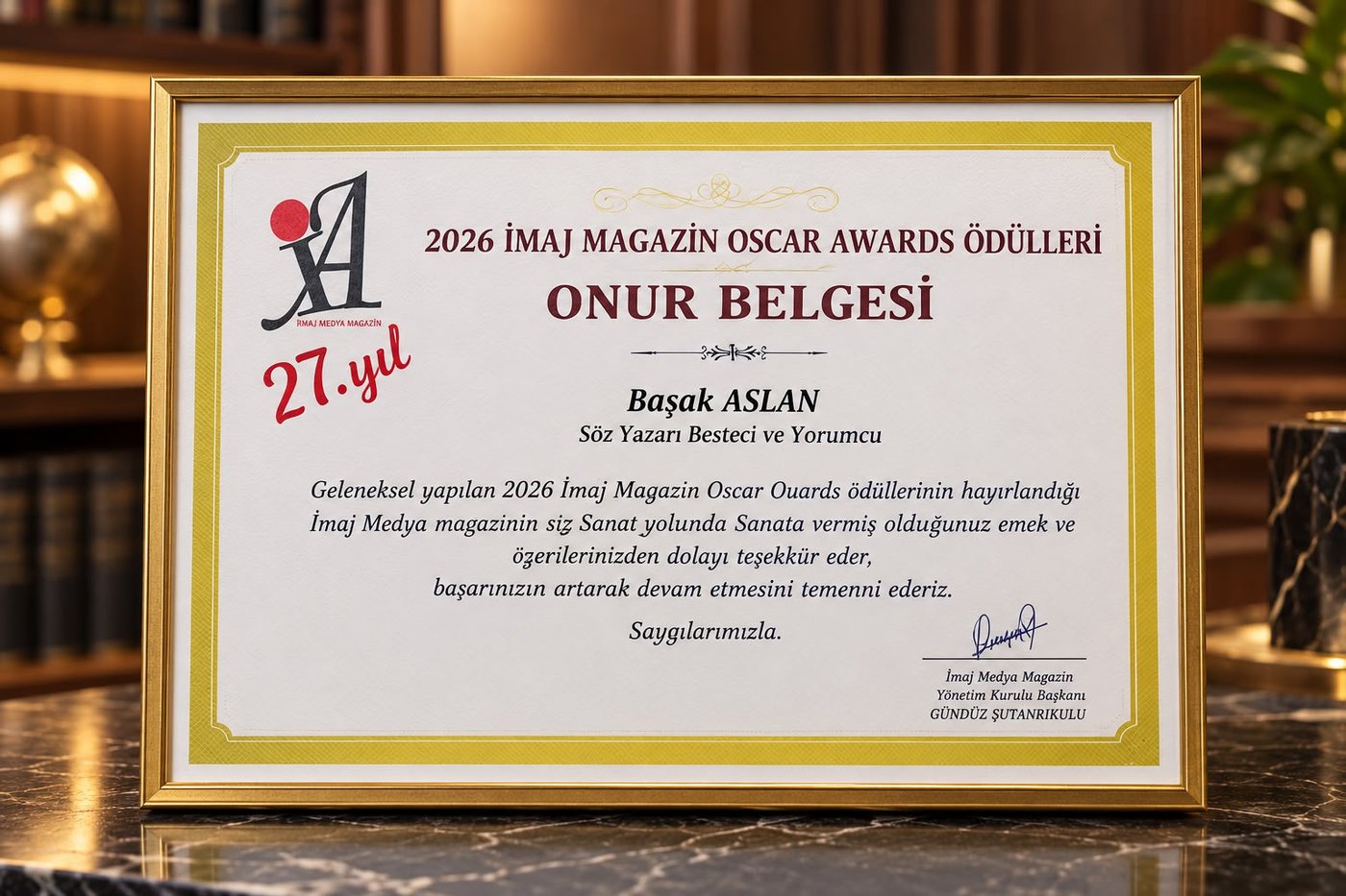 2026 İmaj Magazin Oscar Awards Ödülleri onur belgesi